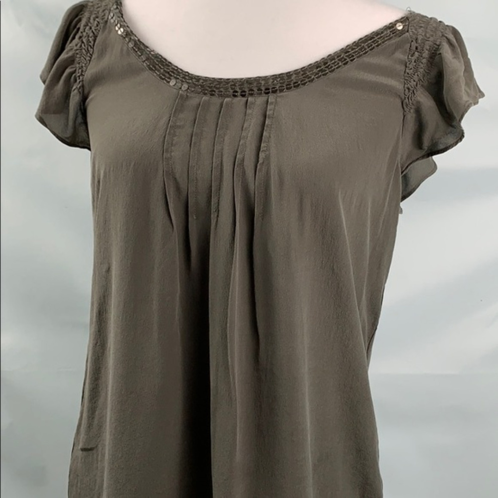 Petticoat Allley Silk olive green sequined short sleeve blouse  XS